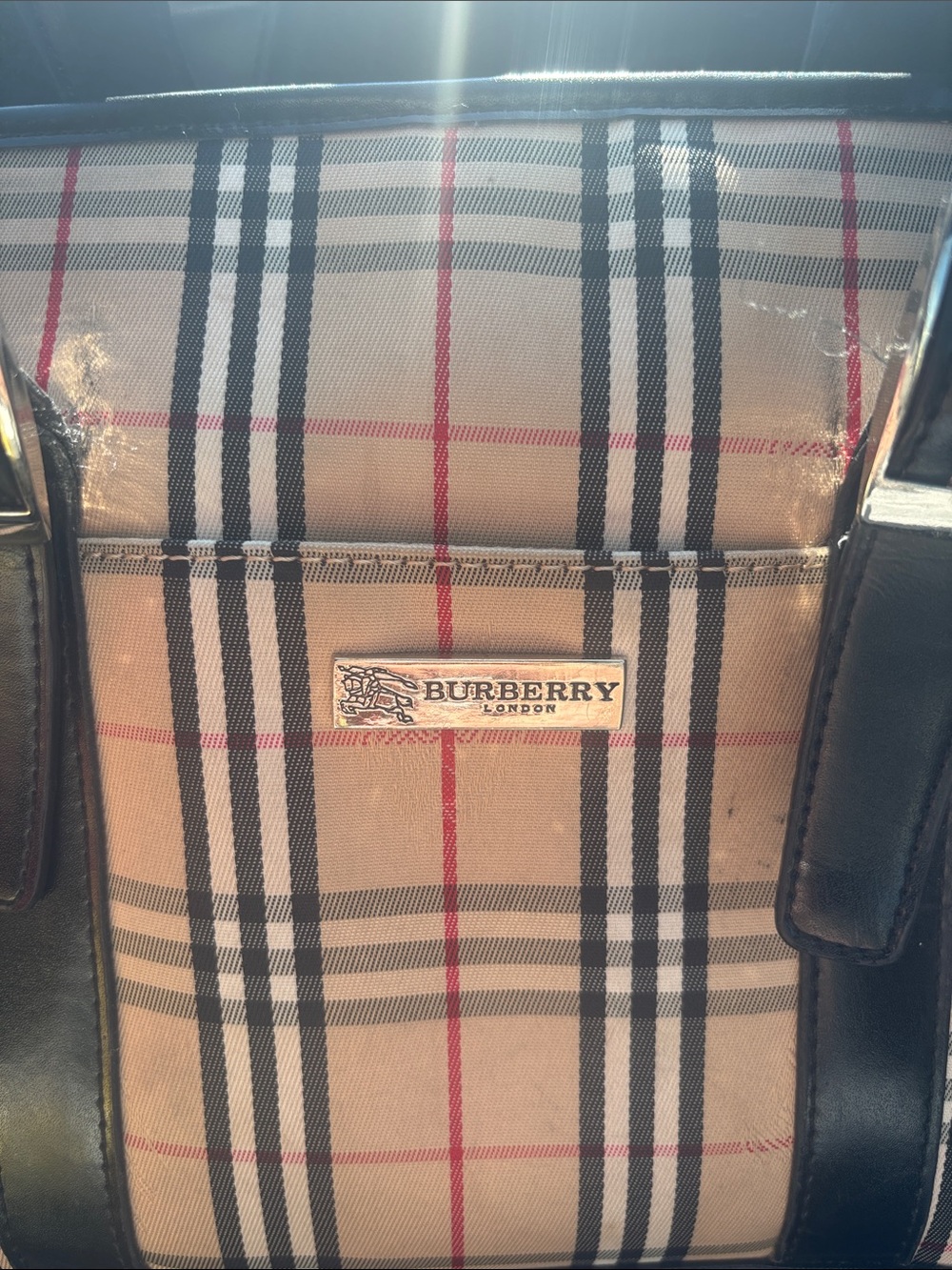 Burberry Tan Check Messenger Tote with Black Leather Trim - Picture 2 of 7